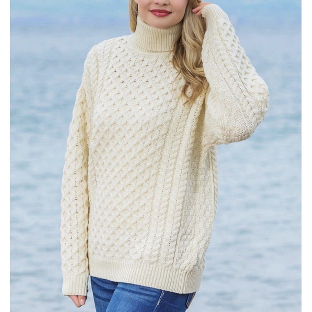 Aran Sweater Market 100% Merino Wool Turtleneck Honeycomb Knit Ivory Women's M